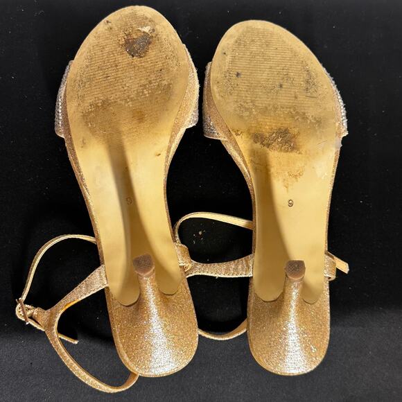 American Glamour Badgley Mischka Gold Glitter Strappy Heels Sz 6 - Picture 6 of 11